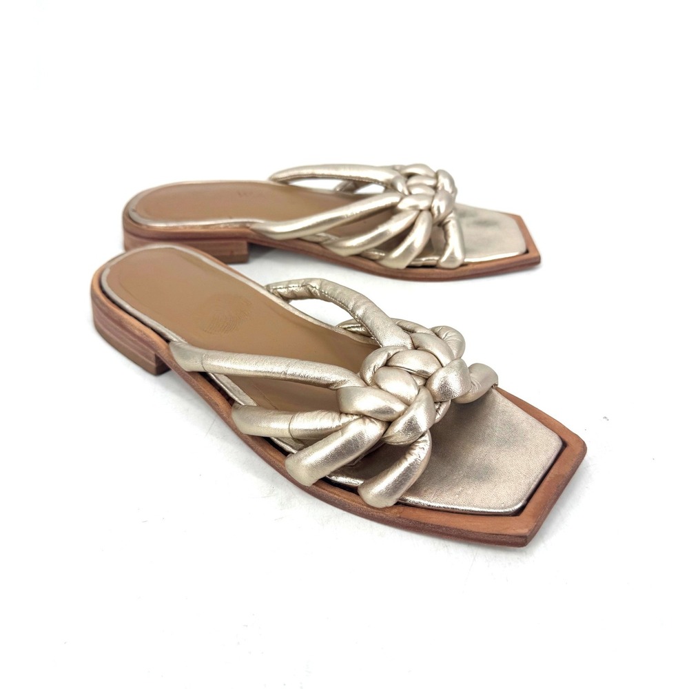 Wal & Pai Gold Metallic Braided Knot Square Toe Leather Slide Sandals Size 38
